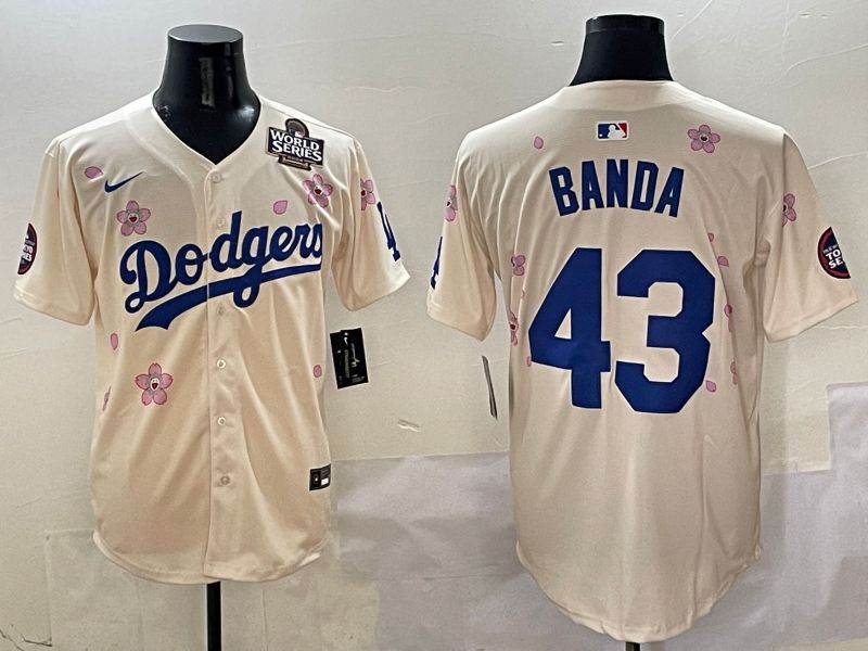 Men Los Angeles Dodgers 43 Banda Cream White Blue Sakura Edition 2025 Nike MLB Jersey style 7